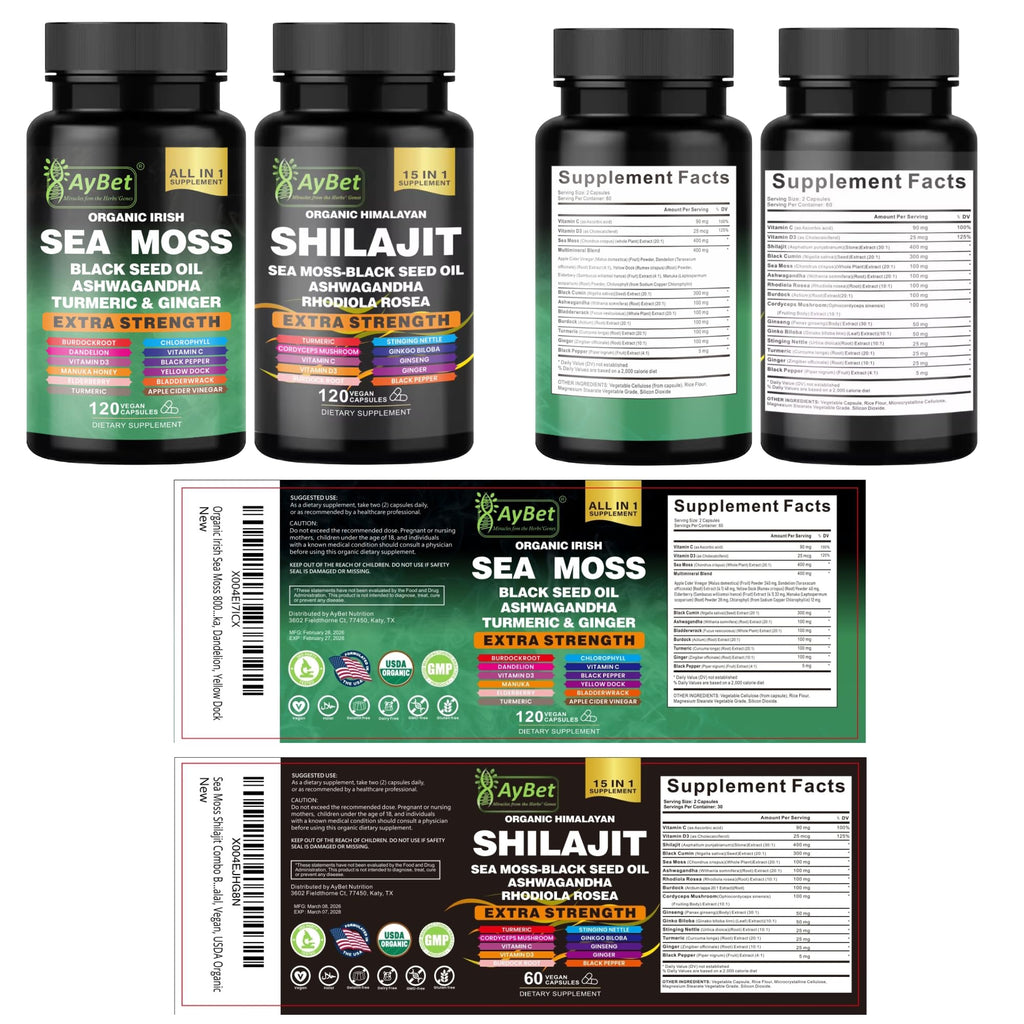 AyBet Sea Moss & Himalayan Shilajit Supplement Combo–Herbal Formula with Black Seed Oil, Ashwagandha, Rhodiola, Turmeric, Ginger – Mineral, Antioxidant Support–Organic, Halal, Vegan Capsules–240 Count