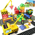Magnetic Tiles Magnetic Construction Set with 2 Cranes Boys Toys for Ages 3-5 5-7 8-10 Building Toys Includes Crane, Road Tracks, Train, Train Tracks, Dolls, Car Toy, Traffic Lights and Stations