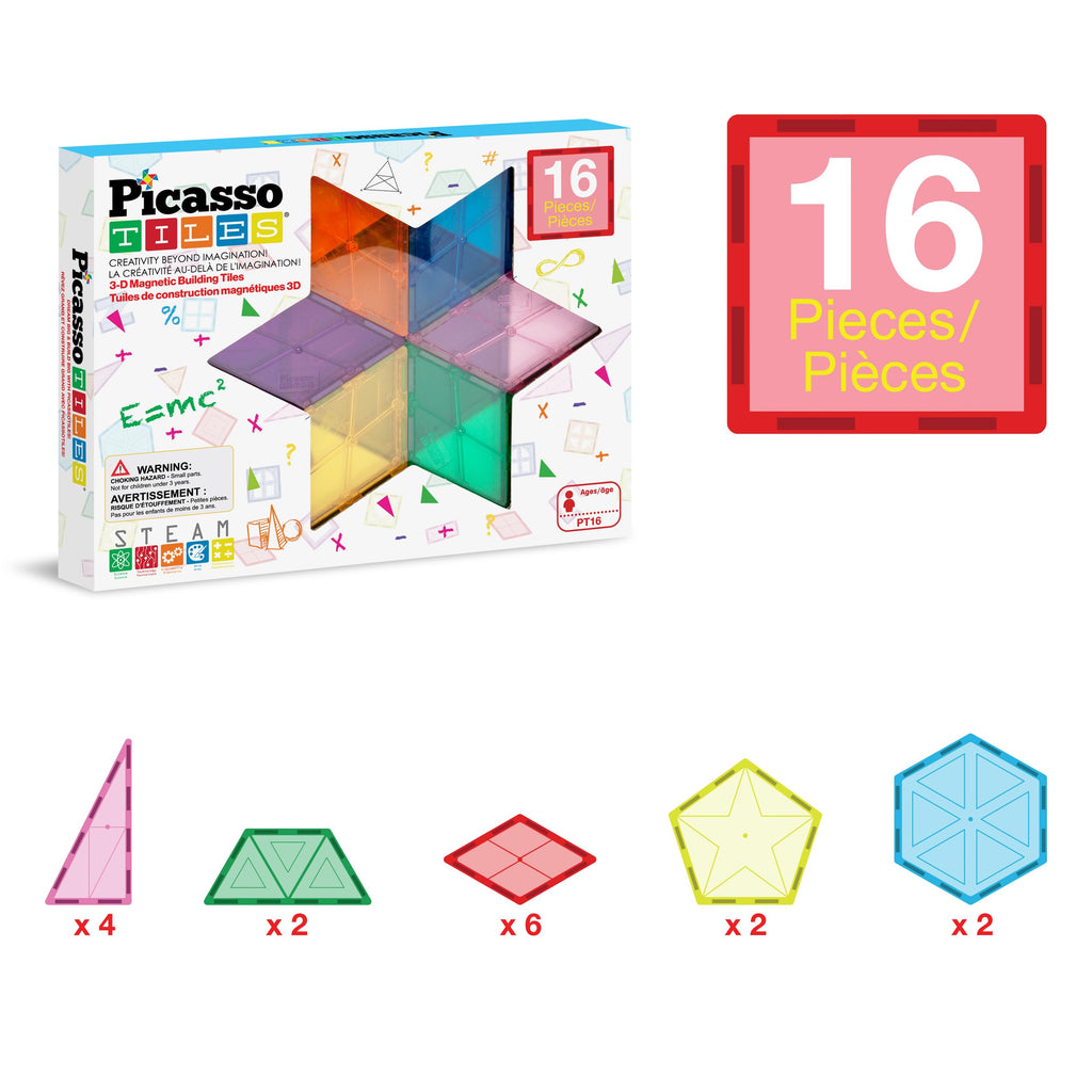 PicassoTiles Magnetic Building Block Set Geometry Shape Magnet Tiles Construction Toy STEM Learning Kit Educational Playset Playboard Pretend Play Stacking Blocks Child Brain Development PT16