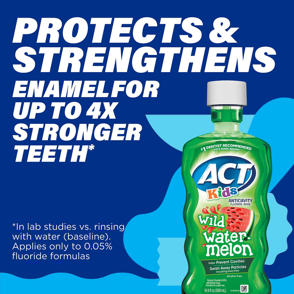 ACT Kids Anticavity Mouthwash, Wild Watermelon | Fluoride Rinse | Alcohol Free | 16.9 fl. oz. | Pack of 2