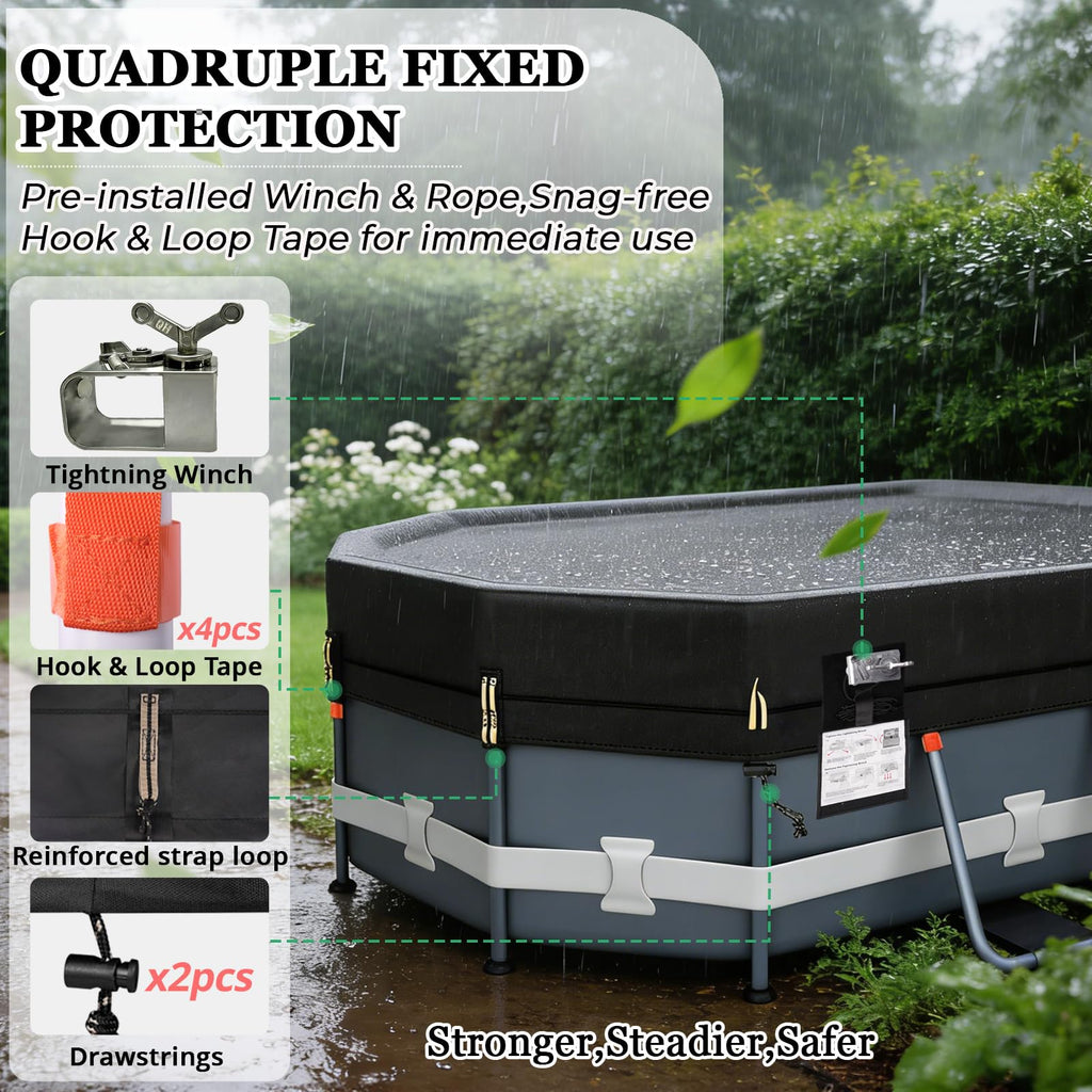 QH.HOME 550D 8.2x14 Ft Oval Pool Cover [Upgraded Tear Resistant&Quadruple Windpoof] wth Pre-Installed Patented Winch and Rope, Pool Covers for Above Ground Pools Oval-Snug Fit & Waterproof Protection