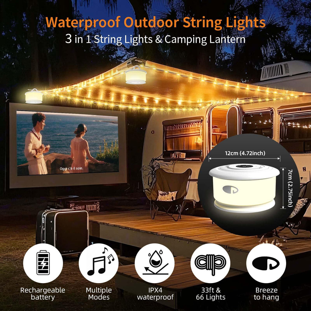 TOHETO 2-Pack Camping String Lights, 3 in 1 Upgraded Retractable RGB Outdoor String Lights with 19 Lighting Modes, Quick 30s Recovery, 32.8 FT Portable Tent Light, Rechargeable Camping Lantern (White)