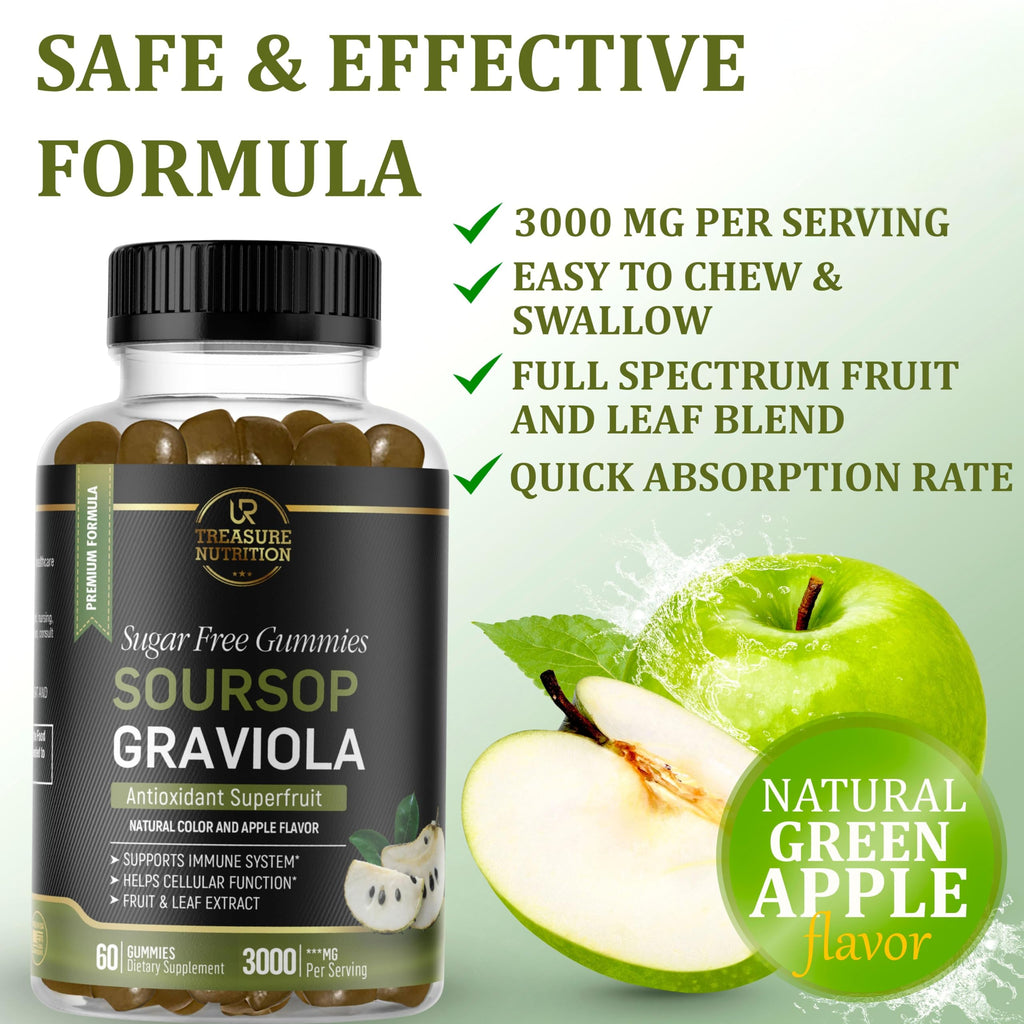 Soursop Leaves & Soursop Fruit Gummies - Sugar Free Soursop Graviola Gimmies - 3000mg Max Strenght Soursop Extract - Graviola Supplement - Soursop Fruit and Leaf - 60ct - Non-GMO – Vegan Friendly