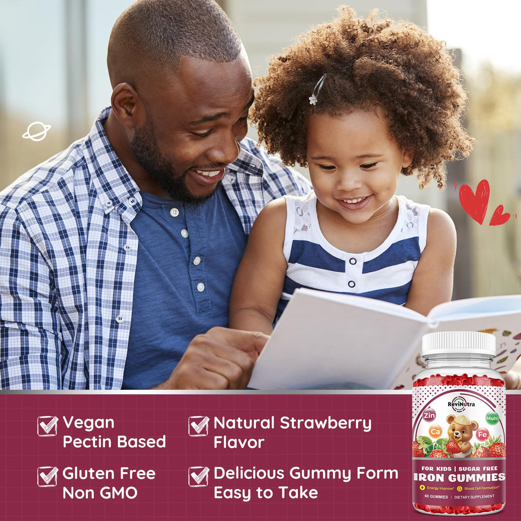 Iron Supplement Gummies for Kids - with Calcium, Zinc, Kids Multivitamin with Iron Gummies - Immune Support, Blood Builder & Energy Support for Iron Deficiency, Anemia, Vegan - 60 Count
