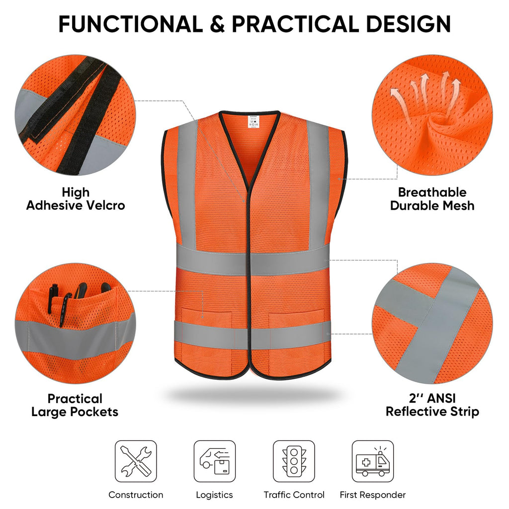 TICONN Reflective Safety Vest, High Visibility Vest with Reflective Strips for Men Women, Meets ANSI II (Orange/3XL, 4PK)