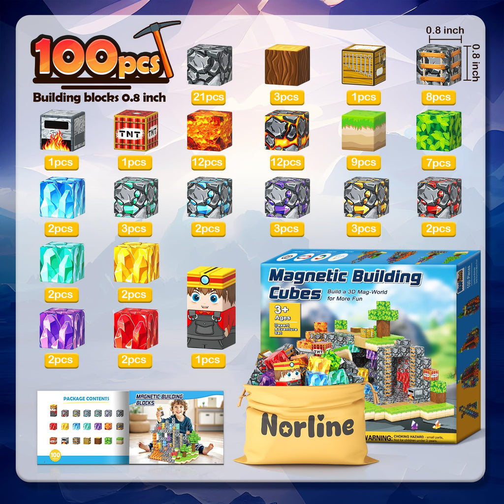 100PCS Magnetic Blocks Building Toys, Gem Cave Adventure Building Craft, Learning Sensory Toys for Boys Girls Age 3-12, Game Gift for Kids Little Gamers (0.8 inch)
