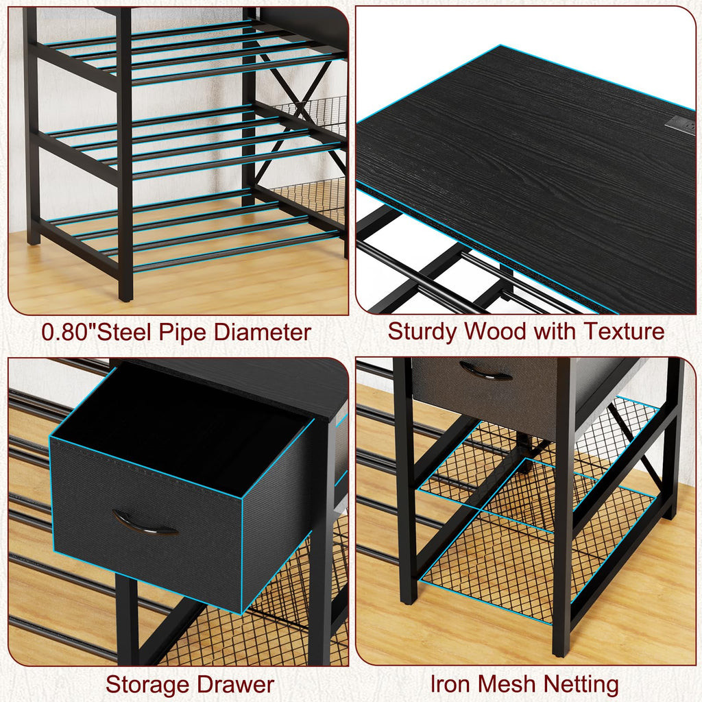 GUULIBERA 3D Printer Stand with Filament Storage Rack, Black 3D Printer Table with Power Outlet, 3-Tier Filament Holder with Drawer, 3D Printer Filament Stand Organized for Office Workshop Studio