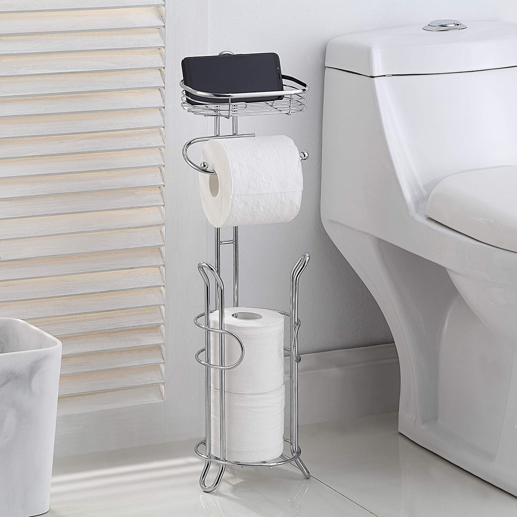 SunnyPoint Bathroom Heavyweight Toilet Tissue Paper Roll Storage Holder Stand with Reserve and Shelve, The Reserve Area Has Enough Space to Store Mega Rolls. (Chrome)