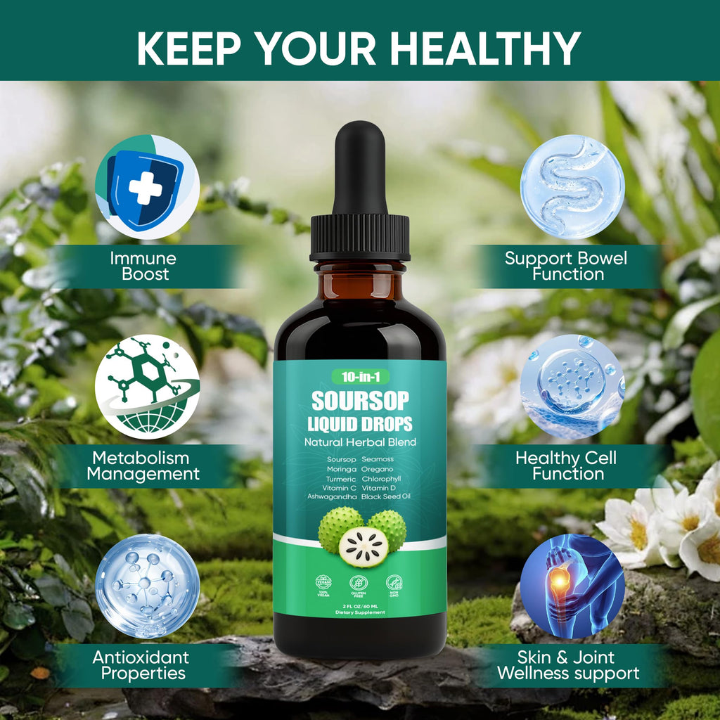Soursop Drops, 10-in-1 Soursop Liquid Drops with Sea Moss, Moringa, Turmeric, Black Seed Oil, Oregano, Ashwagandha, Immune & Energy Support | Improving Gut Health | Heart Health, Vegan, 2 fl oz (2)
