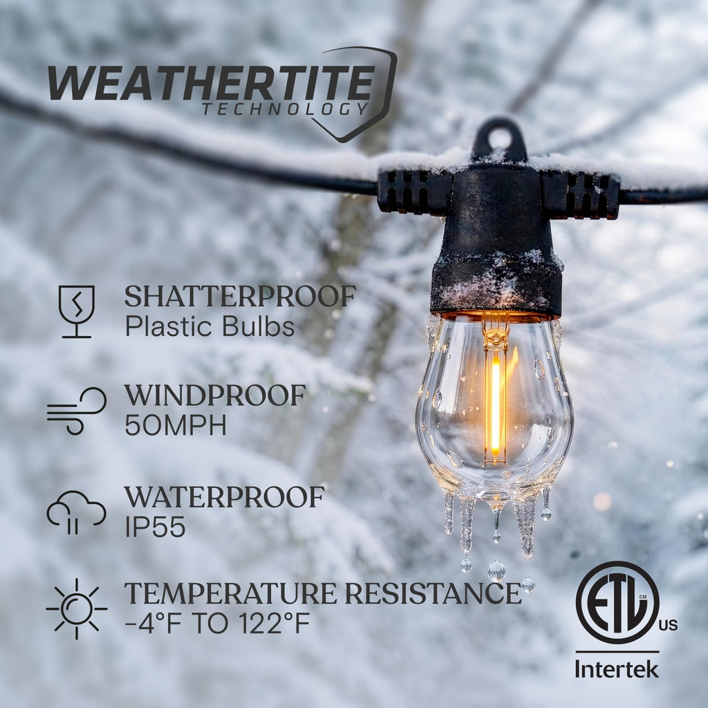 Brightech Ambience Hybrid Outdoor String Lights - Dual Plug and Solar Powered Waterproof LED Light String for Outside - Dimmable Soft White Edison Bulbs for Camping, Patio, Cafe, Yard - 48ft, 4W