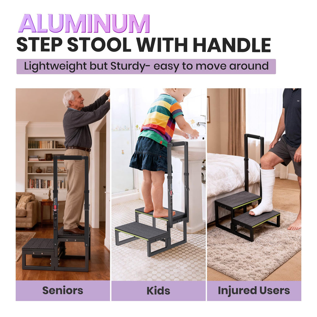 2 Step Stool with Handle for Elderly,Bed Steps for High Beds for Adults,Seniors,Heavy Duty Step Stool with Adjustable Handrail/Removable Cover/Glow Strip for Bathtub,Kitchen,RV