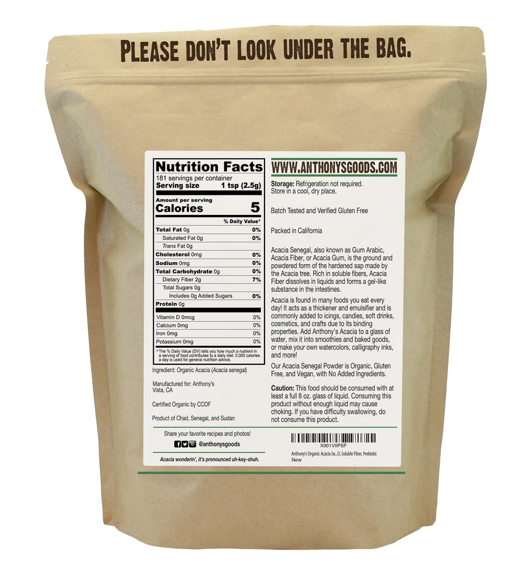 Anthony's Organic Acacia Senegal Powder, 1 lb, Batch Tested Gluten Free, Non GMO, Soluble Fiber, Prebiotic