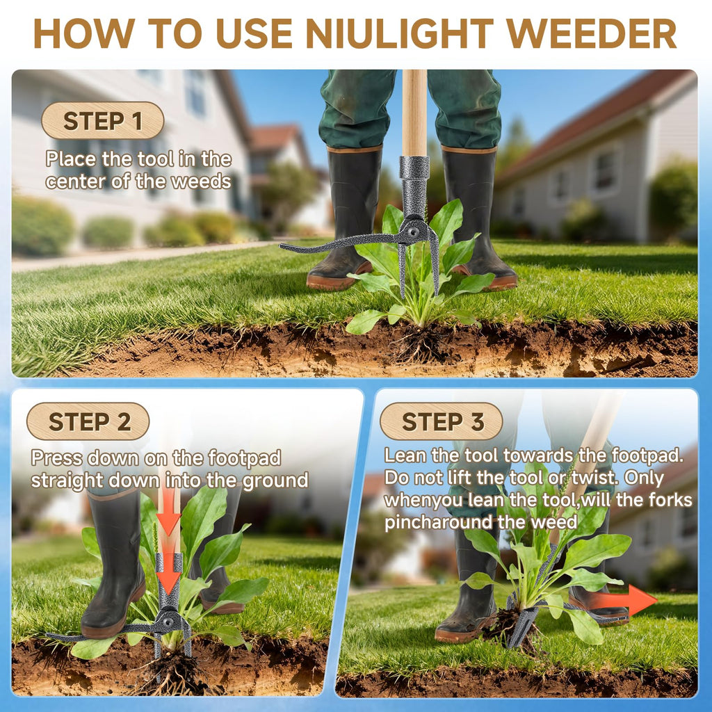 Niulight Heavy Duty Stand Up Weed Puller Tool - 46" Long Handle & 4-Claw Steel Head, Easily Remove Weeds Without Bending or Kneeling, Ergonomic Garden Weeding Tool for Seniors, Dandelion Remover