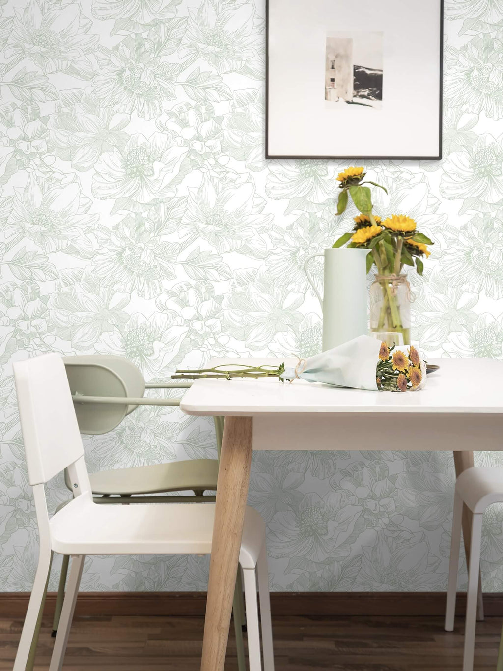 Ismoon Large Floral Peel and Stick Wallpaper Boho White and Green Contact Paper 17.3inx32.7ft Modern Wall Paper Removable Self Adhesive Vinyl Wallpaper for Bedroom Cabinet Bathroom Mural Wall Decor