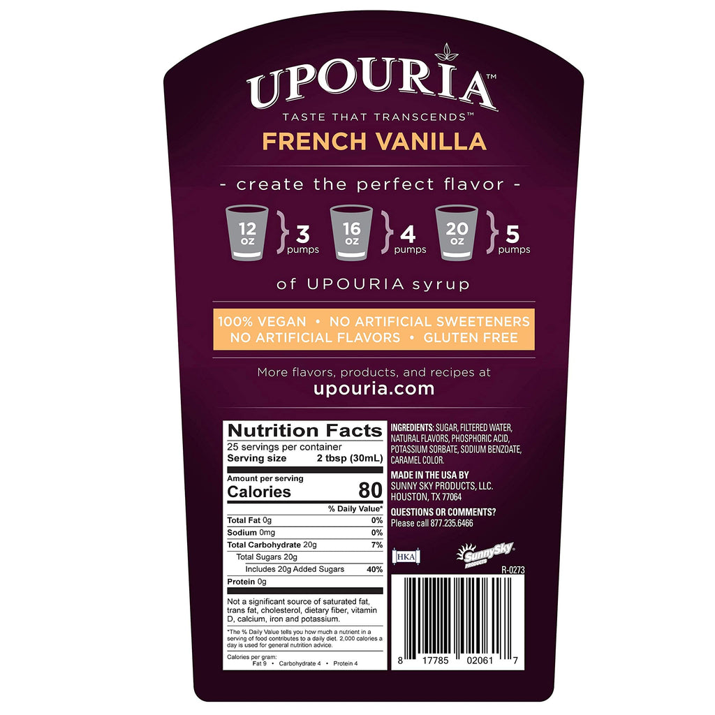 Upouria French Vanilla, Caramel & Hazelnut Flavored Syrup, 100% Vegan and Gluten-Free, 750ml bottles - Set of 3 - Pumps included
