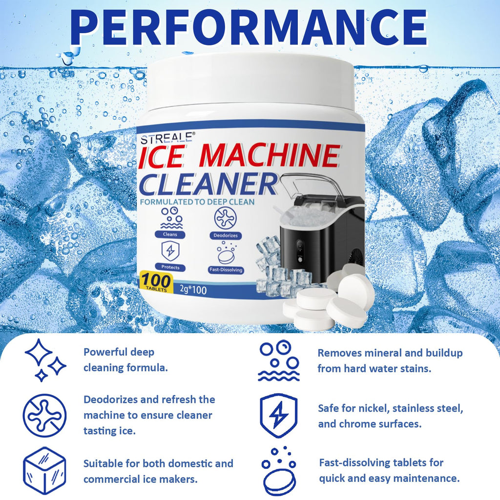 STREALE Ice Machine Cleaner Maker and Descaler - 100 Ice Maker Cleaner Tablets Compatible with All Major Brands, Nickel Safe Descaler Countertop Portable Commercial Icemaker Cleaning Solution