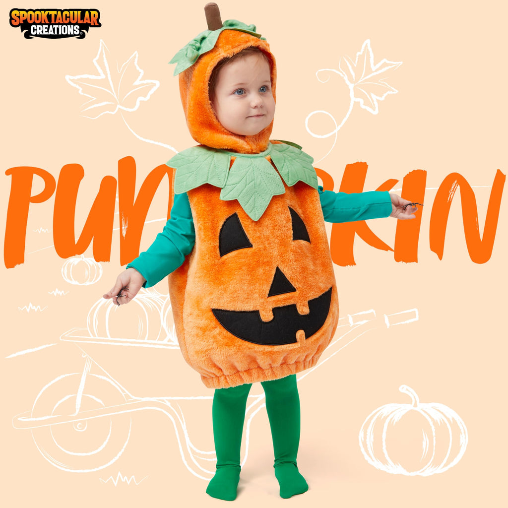 Spooktacular Creations Deluxe Pumpkin Costume with Plush Green leaves for Toddler, Kids Halloween Dress Up, Pumpkin Themed Party (3T)