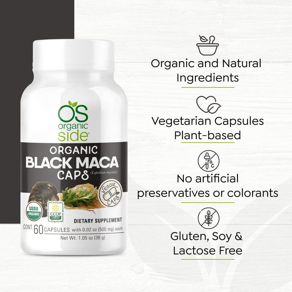 OS Organic Side | Organic Black Maca 60 Capsules | Natural Supplement with Black Maca Root Powder | Plant-Based Capsules for Energy, Vitality, and Hormonal Balance