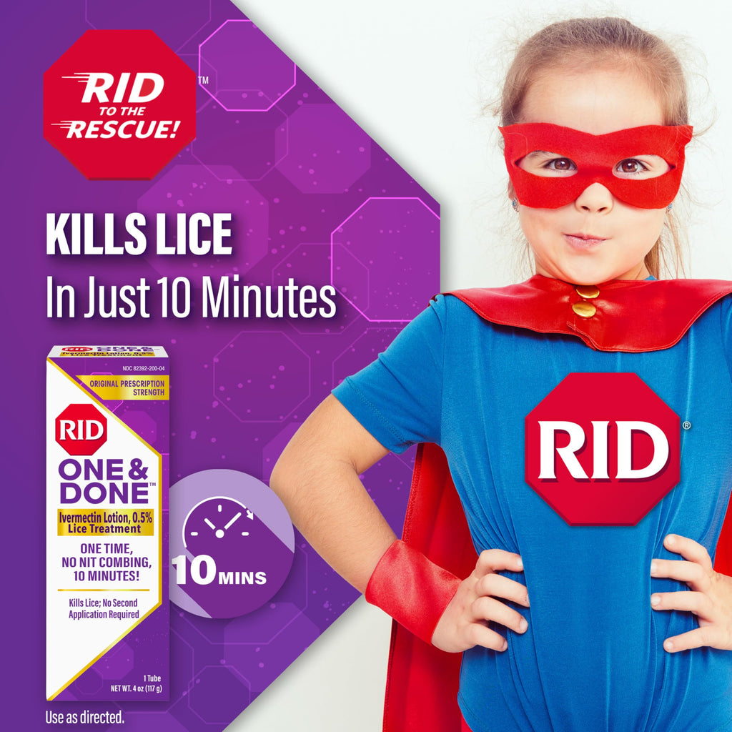 RID One & Done, Just One Application Head Lice Treatment, No Combing Required, Prescription Strength Ivermectin Lotion for Children & Adults, Eliminates Super Lice & Renders Eggs Non Viable