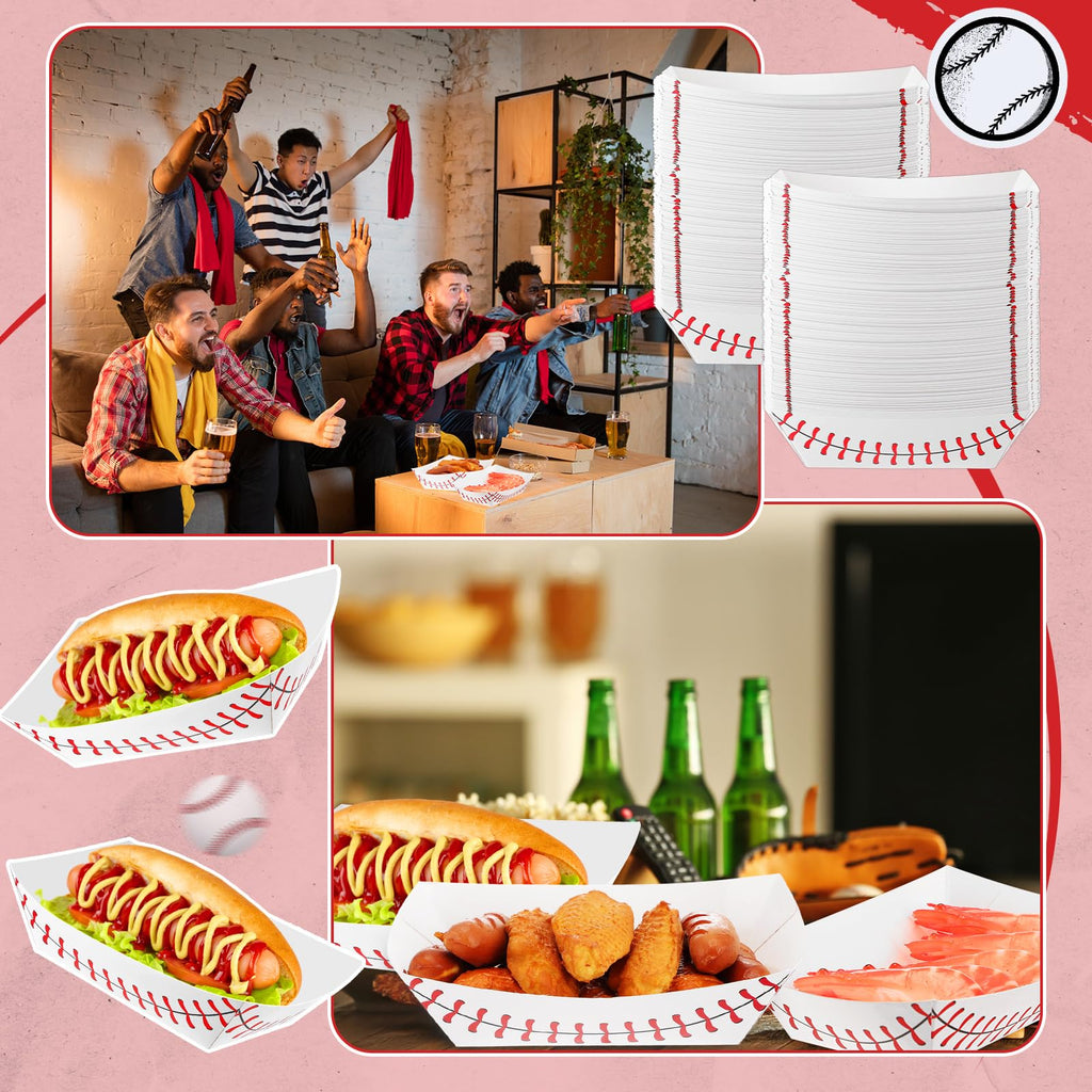 Roshtia 100 Pack Baseball Party Supplies Paper Food Trays Disposable Serving Tray Nacho Food Boats for Baseball Birthday Decorations(2lb)