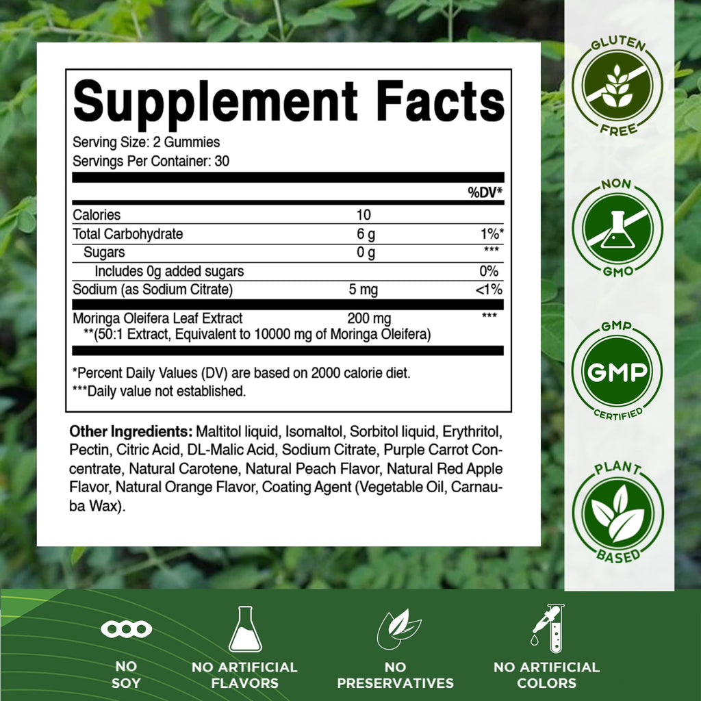 Vitamatic Sugar Free Moringa Gummies – 10,000 mg Equivalent per Serving (from 200 mg of 50:1 Extract) – Green Superfood Supplement – 60 Pectin-Based Vegan Gummies – No Sugar Added (Pack of 2)