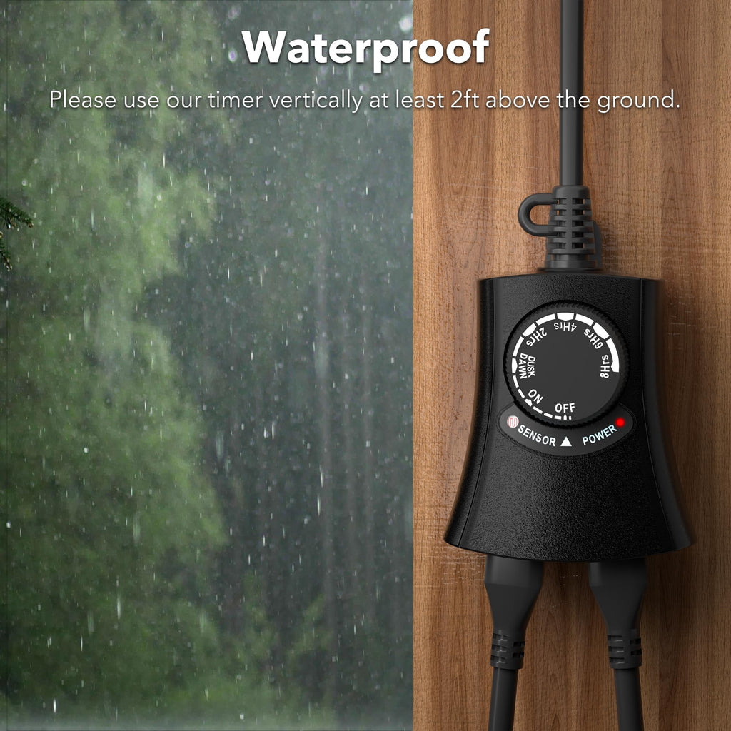 HBN Outdoor Light Timer Waterproof, Weatherproof Photocell Dusk to Dawn Light Sensor, 2/4/6/8 Countdown Timer, 2 Grounded Outlet for Christmas Lights，Hallowen Deceration，1875W 15A 1/2HP