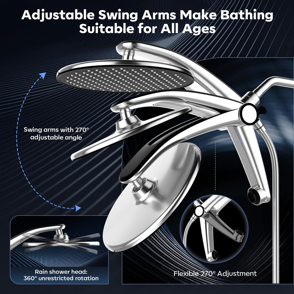 Rain Shower Head with Handheld,Dual Shower Head with Hose,Detachable 10" High Pressure Shower Head Combo with 9 Settings Shower Spray Built-in Magnetic Docking & Power Wash Mode (Chrome)