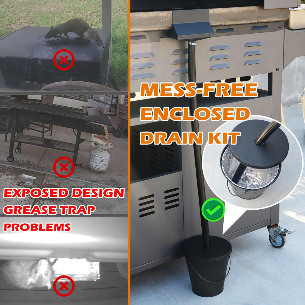 Rear Grease Drainage System for Blackstone Griddle 36" 28" 22" 17" – Large Capacity Grease Catcher Funnel with Integrated Magnetic Gate, 3.5FT Silicone Hose, Sealed Bucket W/Lid & 12-Pack Foil Liners