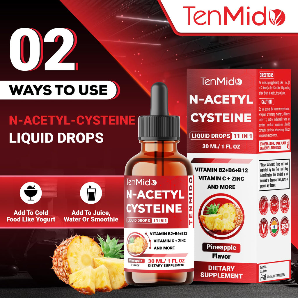 Tenmido 11in1 Nac Supplement N-Acetyl Cysteine Liquid Drops with Quercetin, B-Complex, Selenium, Glutathione, Bromelain, Milk Thistle, and More - 30ml 1 Fl Oz