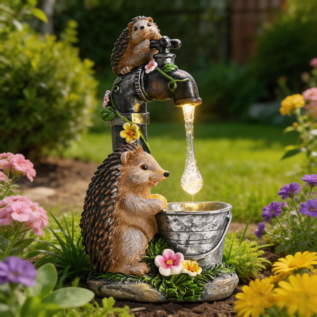 TERESA'S COLLECTIONS Garden Decor, Cute Hedgehogs and Faucet Garden Decor with Solar Light, Waterproof Resin Garden Statue, Outdoor Hedgehogs Figurines, Garden Gift for Women Mom, Indoor/Outdoor