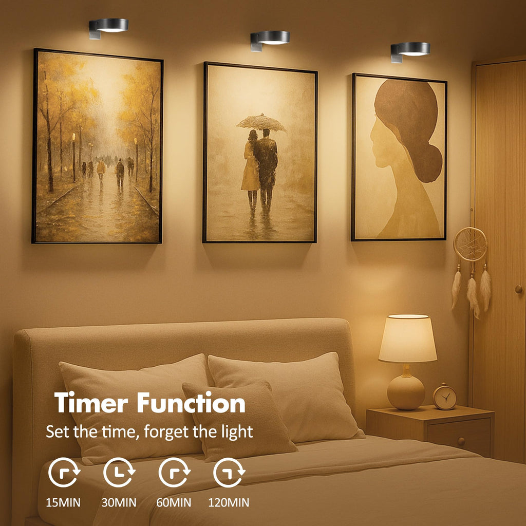 3Pcs Picture Lights for Wall Battery Operated, Magnetic Led Painting Light with Remote Dimmable and Timer, 3 Lighting Modes Art Display Light for Picture Frame, Wireless Wall Decor Puck Lights, Black