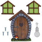 Juegoal Fairy Gnome Home Miniature Window and Door with Litter lamp for Trees Decoration, Glow in Dark Fairies Sleeping Door and Windows, Yard Art Garden Sculpture, Lawn Ornament Decor