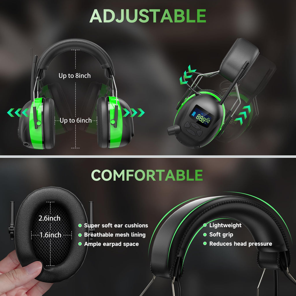2025 AM/FM Radio Ear Protection Headphones with Backlit Digital Display, 120H Working Time, Rechargeable Hearing Protector, 30dB Noise Reduction Safety Earmuffs for Mowing, Construction, Work, Green