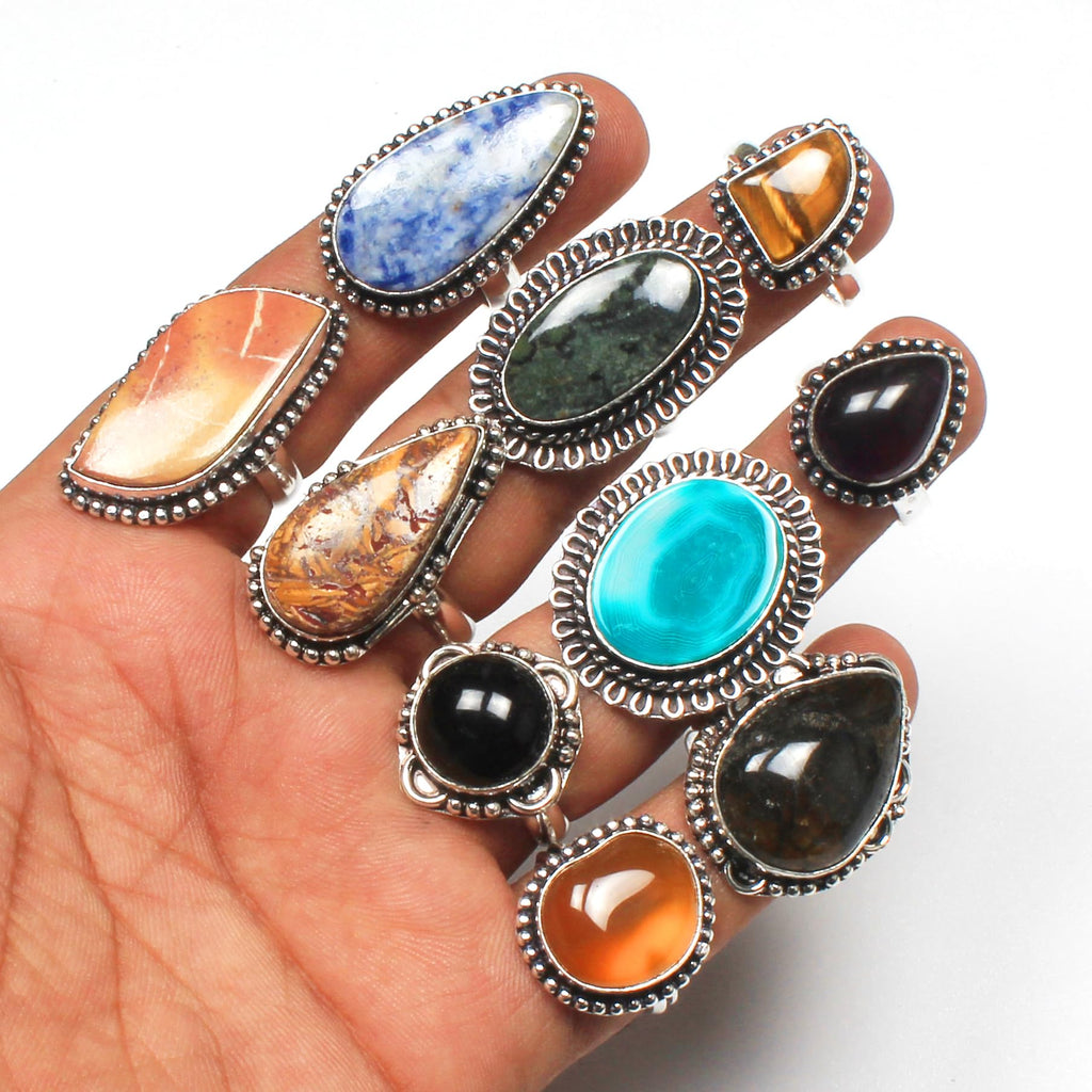 Carats Chunky Silver Rings Pack for Women - 10 Pcs - Stackable Fashion Ring Set, Silver Plated Statement Knuckle Handmade Gemstone Gothic Vintage Rings for Women