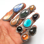 Carats Chunky Silver Rings Pack for Women - 10 Pcs - Stackable Fashion Ring Set, Silver Plated Statement Knuckle Handmade Gemstone Gothic Vintage Rings for Women