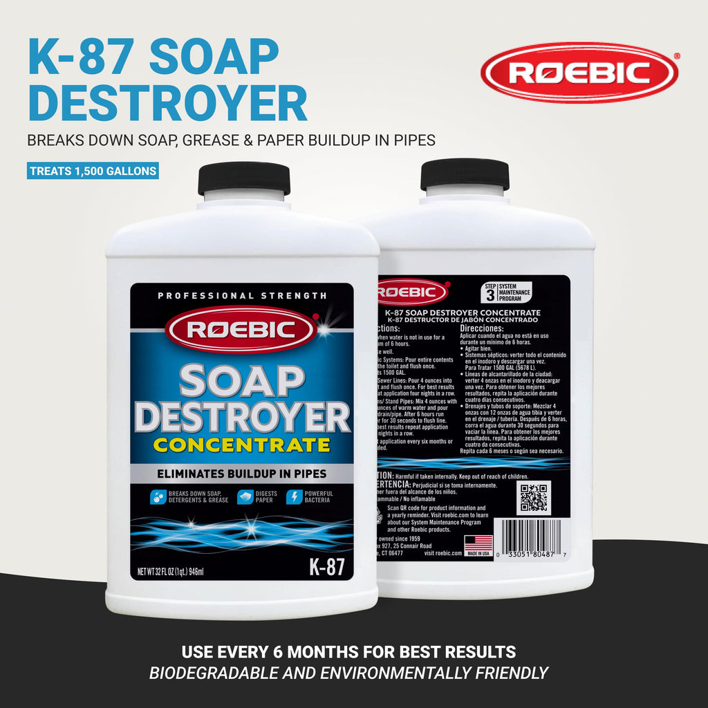 Roebic K-87 Liquid SGP Soap, Grease and Paper Digester with Bacteria, Eliminates Buildup in Pipes and Protects from Clogs, Treats 1500 Gallons, 32 fl oz Concentrate