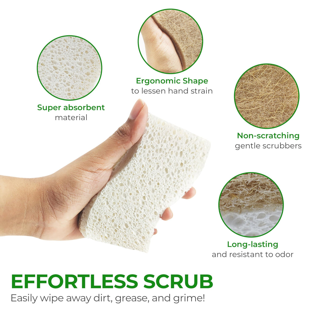 AIRNEX Natural Kitchen Sponges (12 Pack) - Biodegradable Cellulose & Coconut Scrubber Dish Sponges for Kitchen - Eco-Friendly, Non Scratch, Compostable, Non Toxic S-Shaped Natural Sponges for Dishes
