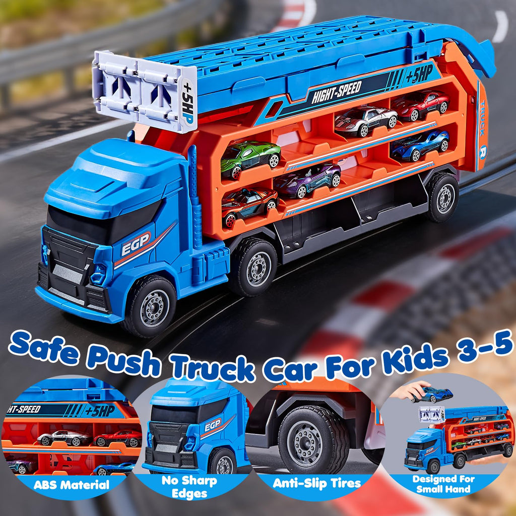 Race Track Truck Toys for 3 4 5 6 Years Old Kids - Carrier Truck Transport Car with 6 Die-Cast Cars Toys, 4-in-1 Truck with 2 Foldable Race Tracks, Christmas Birthday Gifts Toy for Toddler Boys, Blue
