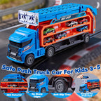Race Track Truck Toys for 3 4 5 6 Years Old Kids - Carrier Truck Transport Car with 6 Die-Cast Cars Toys, 4-in-1 Truck with 2 Foldable Race Tracks, Christmas Birthday Gifts Toy for Toddler Boys, Blue