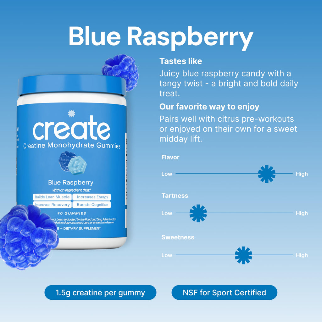 Create Creatine Monohydrate Gummies for Men & Women, Boost Focus, Strength, and Endurance, Anti-Melting Formula, Vegan, Gluten-Free, Non-GMO, 1.5g of Creatine per Gummy (Blue Raspberry)