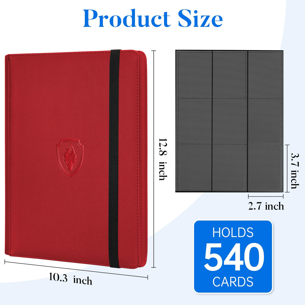 Premium 9 Pocket Card Binder for 540 Cards, Fabmaker PU Cover Trading Card Binder, Sturdy Card Collection Album, Sleek Card Holder Folders for Game Cards & Sports Cards, Red