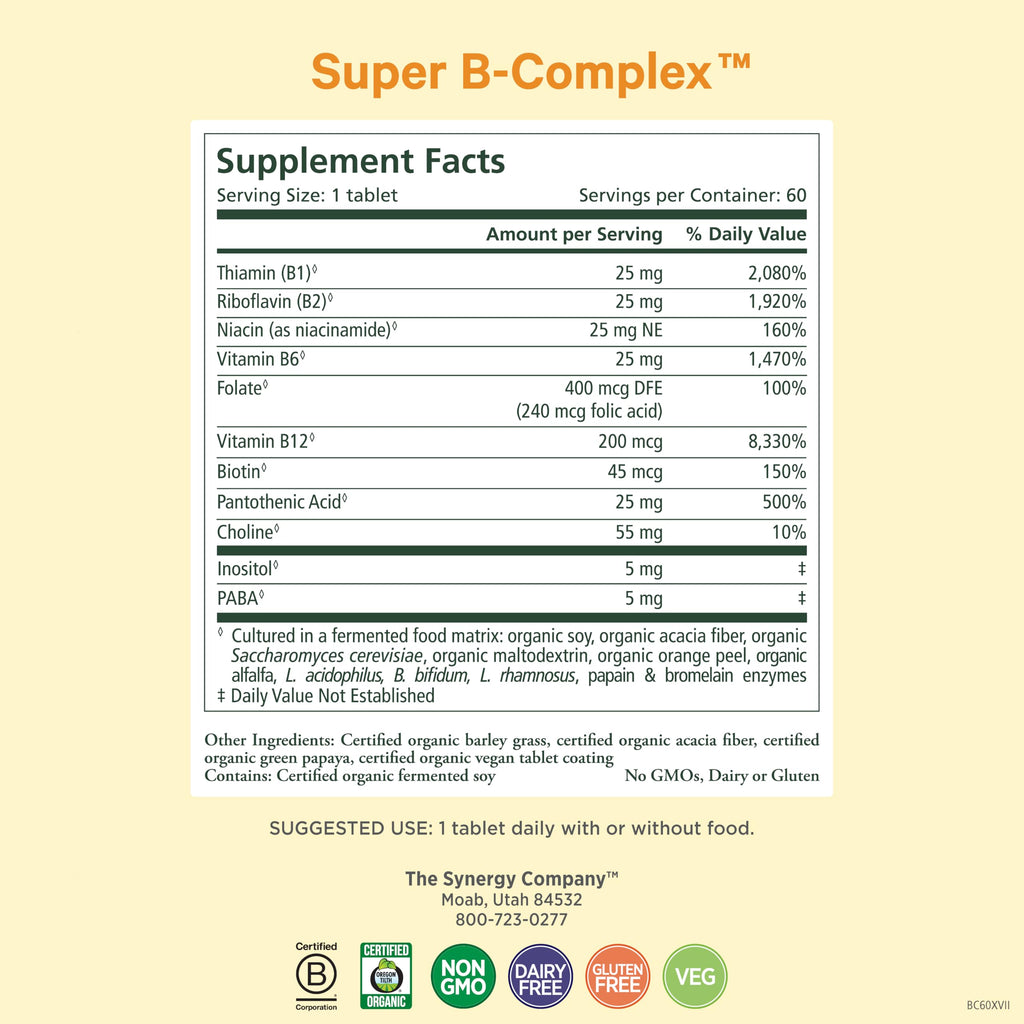 PURE SYNERGY Super B-Complex | Vitamin B Complex Made with Organic Whole Foods | Vegan Supplement with Natural Vitamin B12, Niacin, and Folate | for Energy, Focus and Mood Support (60 Tablets)