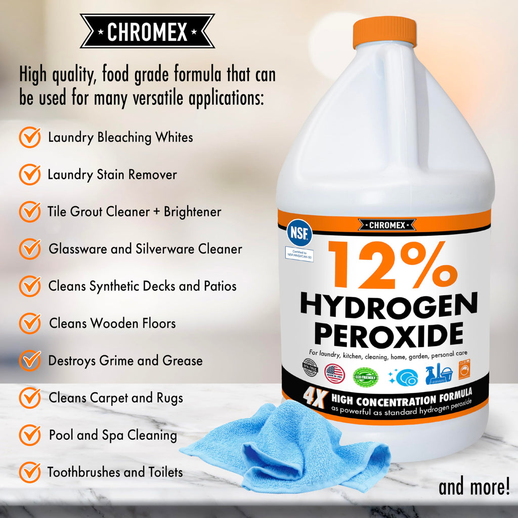 Chromex Hydrogen Peroxide 12 Percent Food Grade, 4X Power Concentrated Solution, Dilutes to 4 Gallons, Versatile Uses Include Topical Care, Home, Kitchen, Bath Cleaner, NSF Certified, 1 Gallon