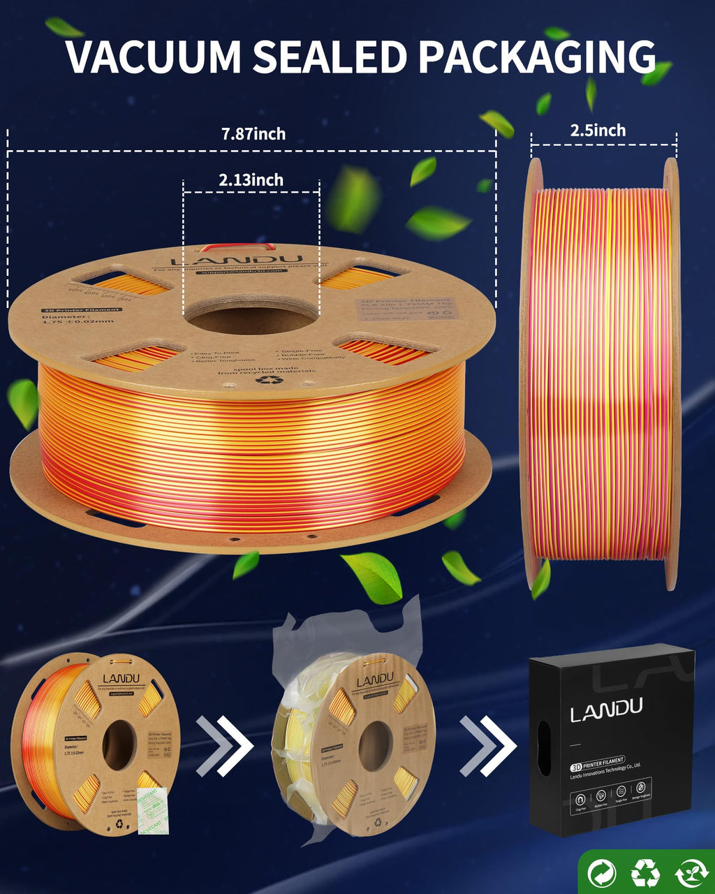 LANDU Silk Dual Color PLA Filament 1.75mm 1KG, 3D Printer Filament Dimensional Accuracy +/- 0.02mm, Coextrusion Filament PLA Shiny Filament Fits for Most FFF 3D Printers,1KG Spool (2.2lbs) Red Gold