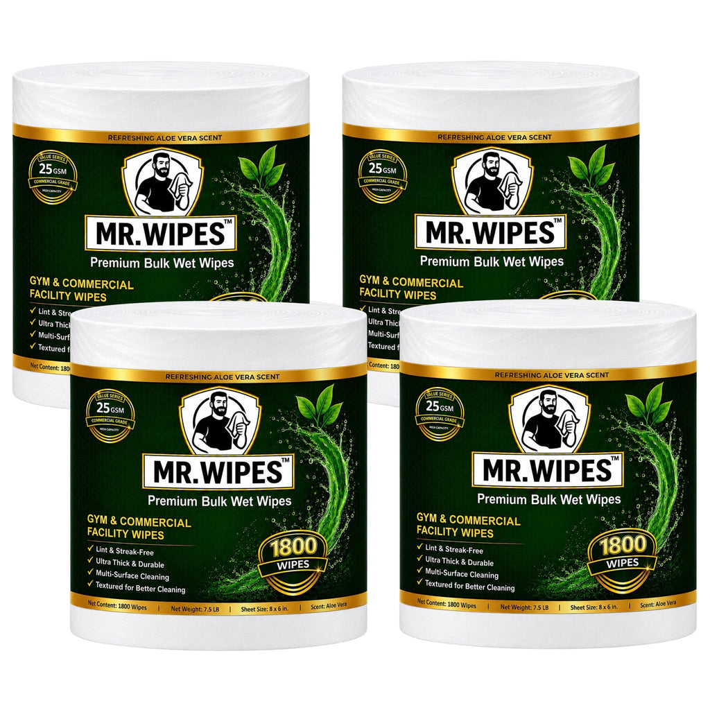 MR. WIPES Premium Bulk Wet Wipes – 1800 Count per Roll (4 Rolls), Gym & Fitness Equipment, Commercial Use, 8" x 6" Sheet, Value Series 25 GSM