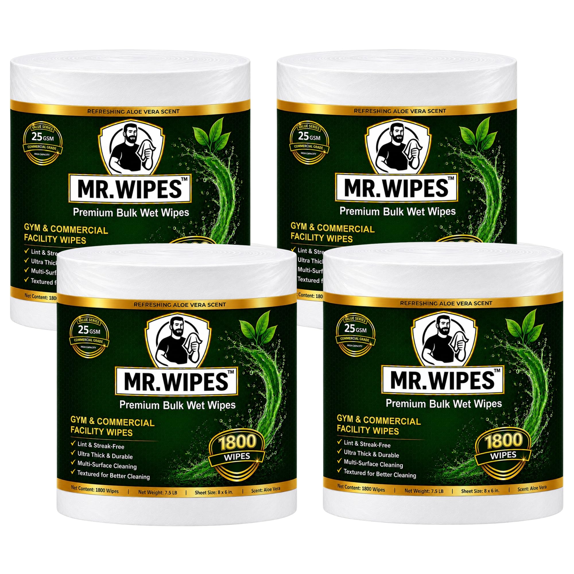 MR. WIPES Premium Bulk Wet Wipes – 1800 Count per Roll (4 Rolls), Gym & Fitness Equipment, Commercial Use, 8" x 6" Sheet, Value Series 25 GSM