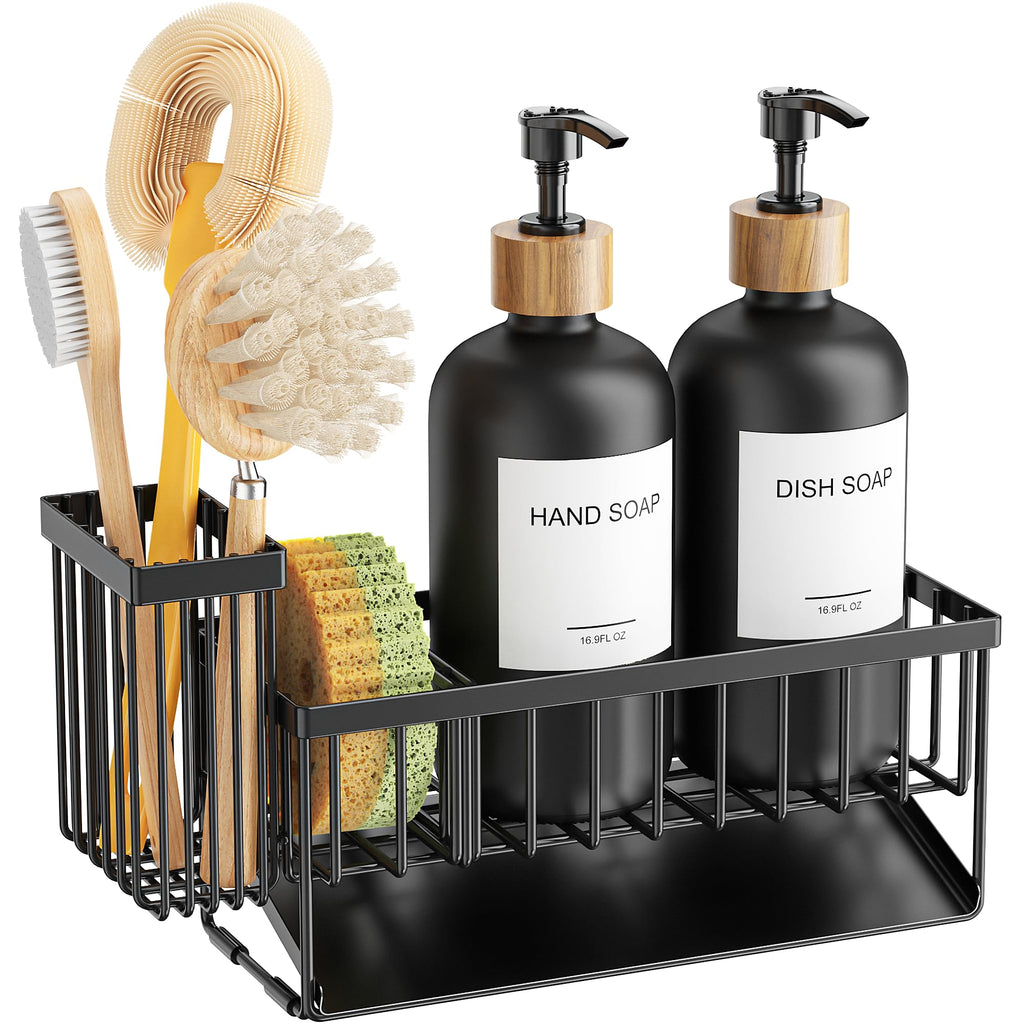 Cisily Kitchen Dish Soap Dispenser Set with 2 Pack 16.9oz Amber Glass Bottle and Sponge Holder, Dish Soap Dispensers with Adjustable Sponge Holder, Vintage Hand and Dish Soap Dispensers Set