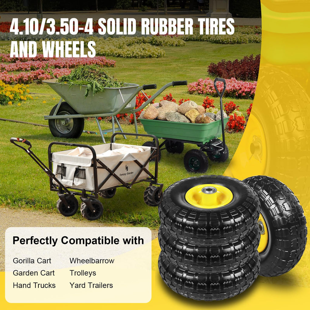 10 Inch Soild Rubber Dolly Tire Wheels, 4.10/3.50-4" Tire and Wheel Flat Free for Garden Carts, 5/8" Bearings,2.1"Offset Hub for Hand Truck, Gorilla Cart, Wheelbarrow Metal (4 Packs)