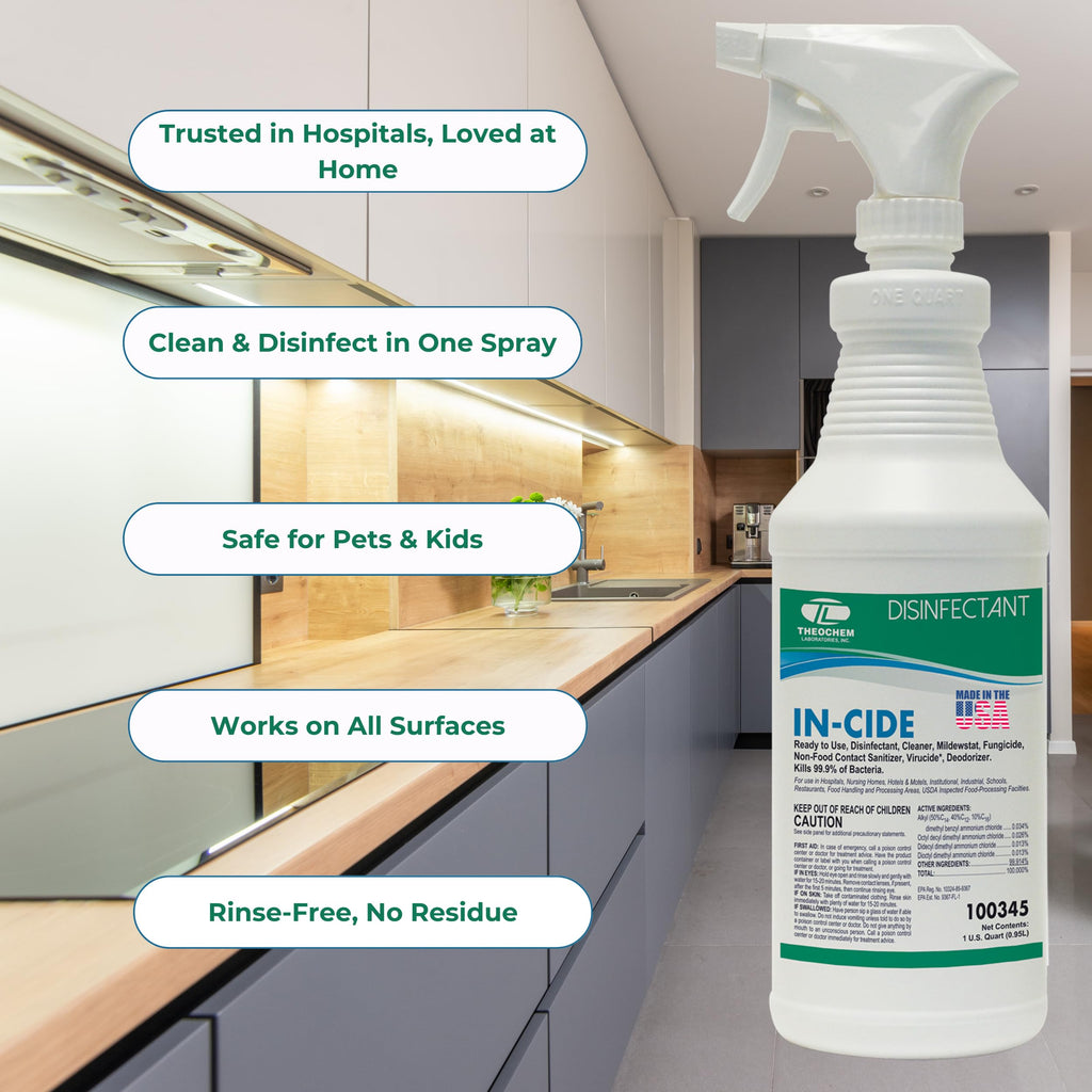 Theochem In-Cide Hospital Grade Disinfectant Spray - EPA Registered Cleaner Kills 99.9% MRSA, H1N1- Medical Grade for Home Office Clinic - Fresh Scent - 1 Gallon + 32oz Bundle