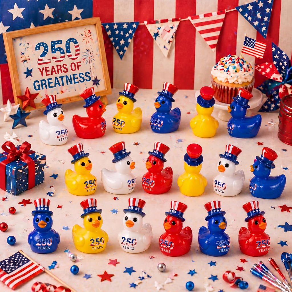 Skylety 100 Pcs Patriotic Mini Ducks 4th of July Independence Day Party Decor 250th Anniversary Red White Blue Ducks with Glue Points Garden Potted Miniature Cake Decoration Craft Patriotic Collectors